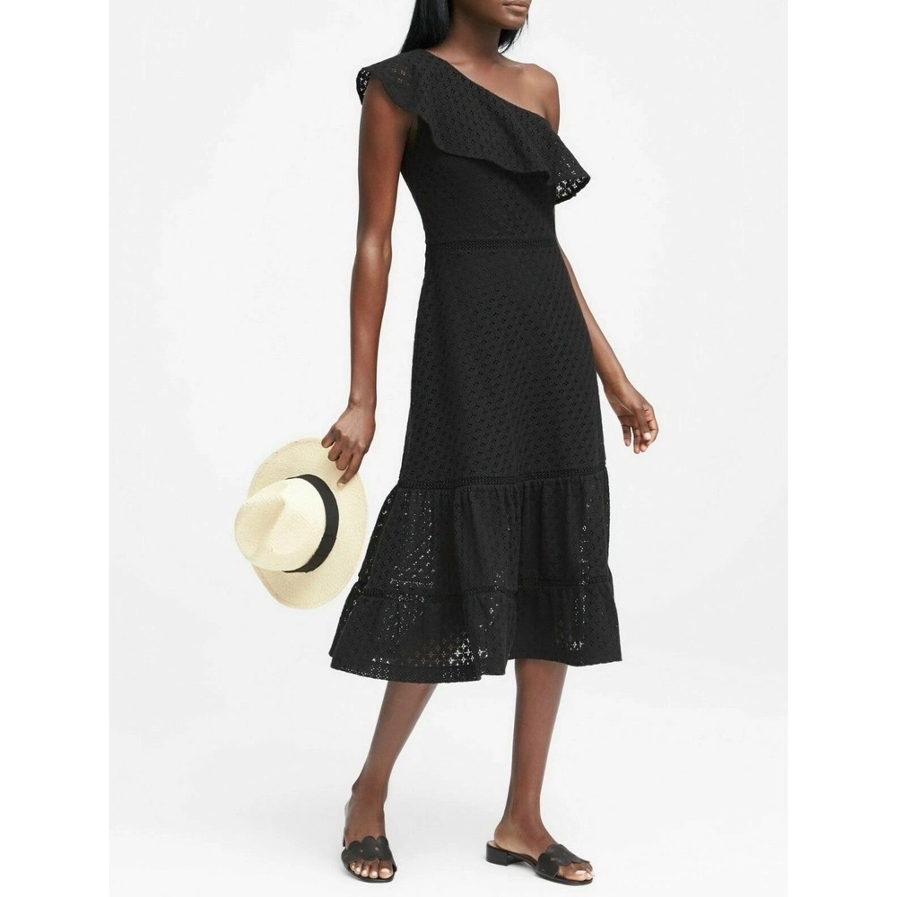 Banana Republic LACE One Shoulder Dress Size 4 Black Eyelet Ruffle Cocktail